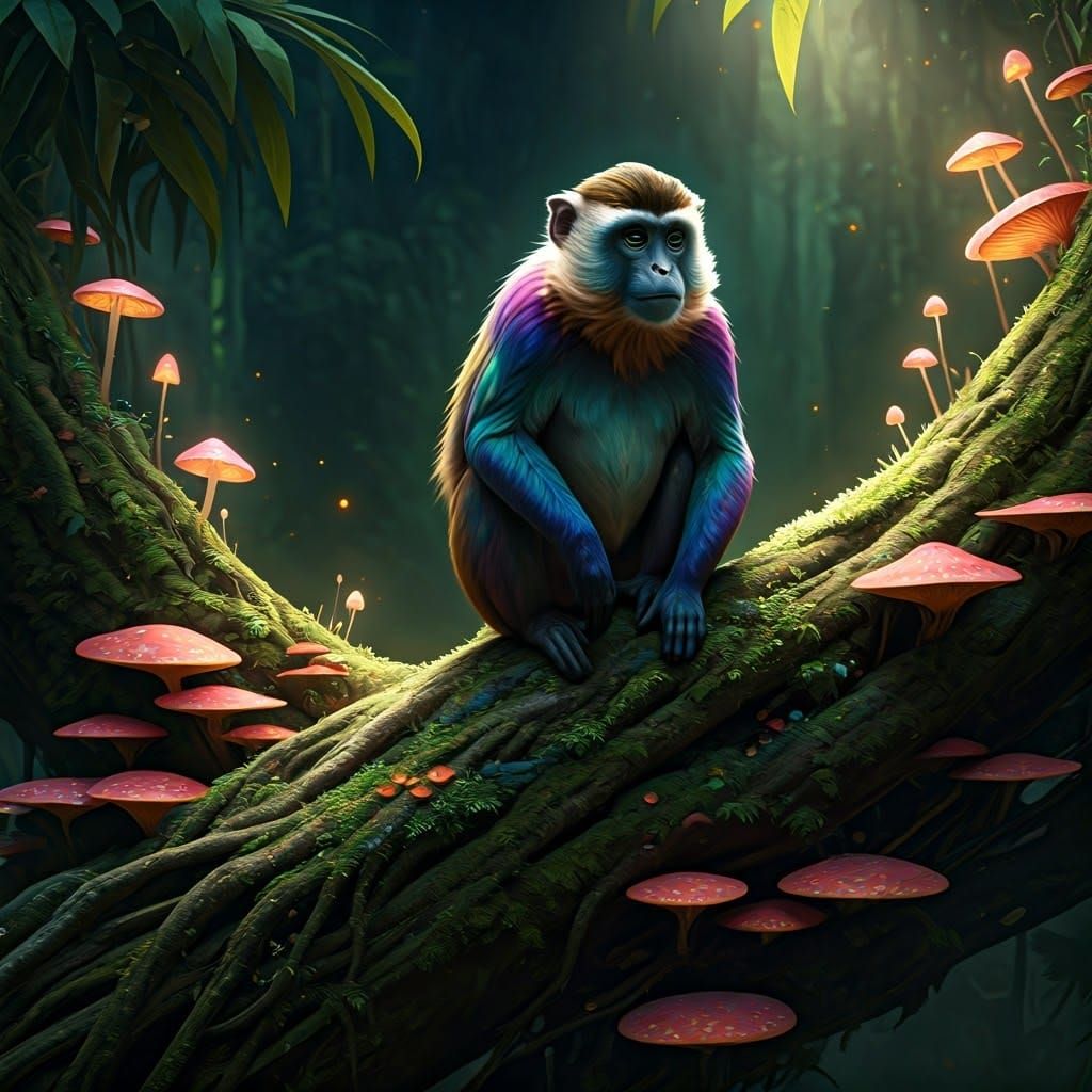 Regal Monkey in Bioluminescent Forest, Matte Painting