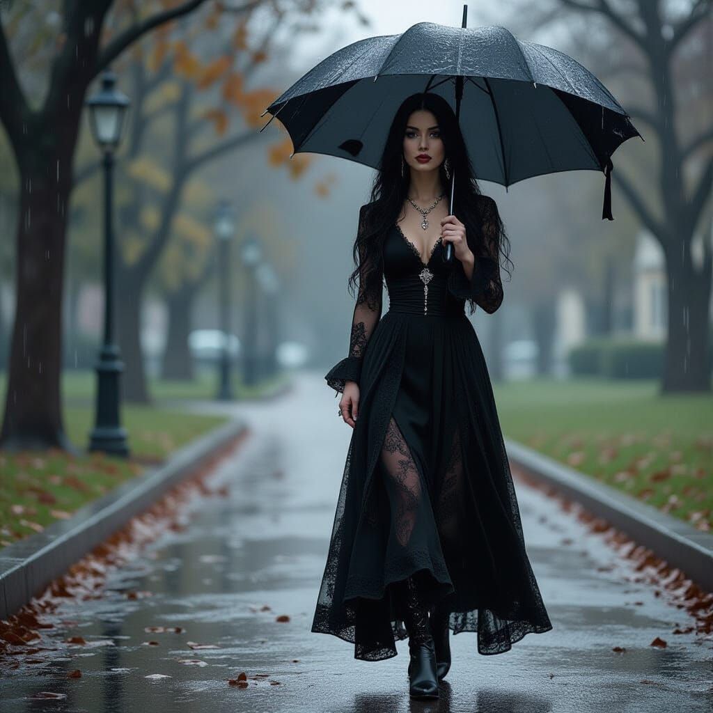 Gothic Woman Walking in Rainy Park: Cinematic Style