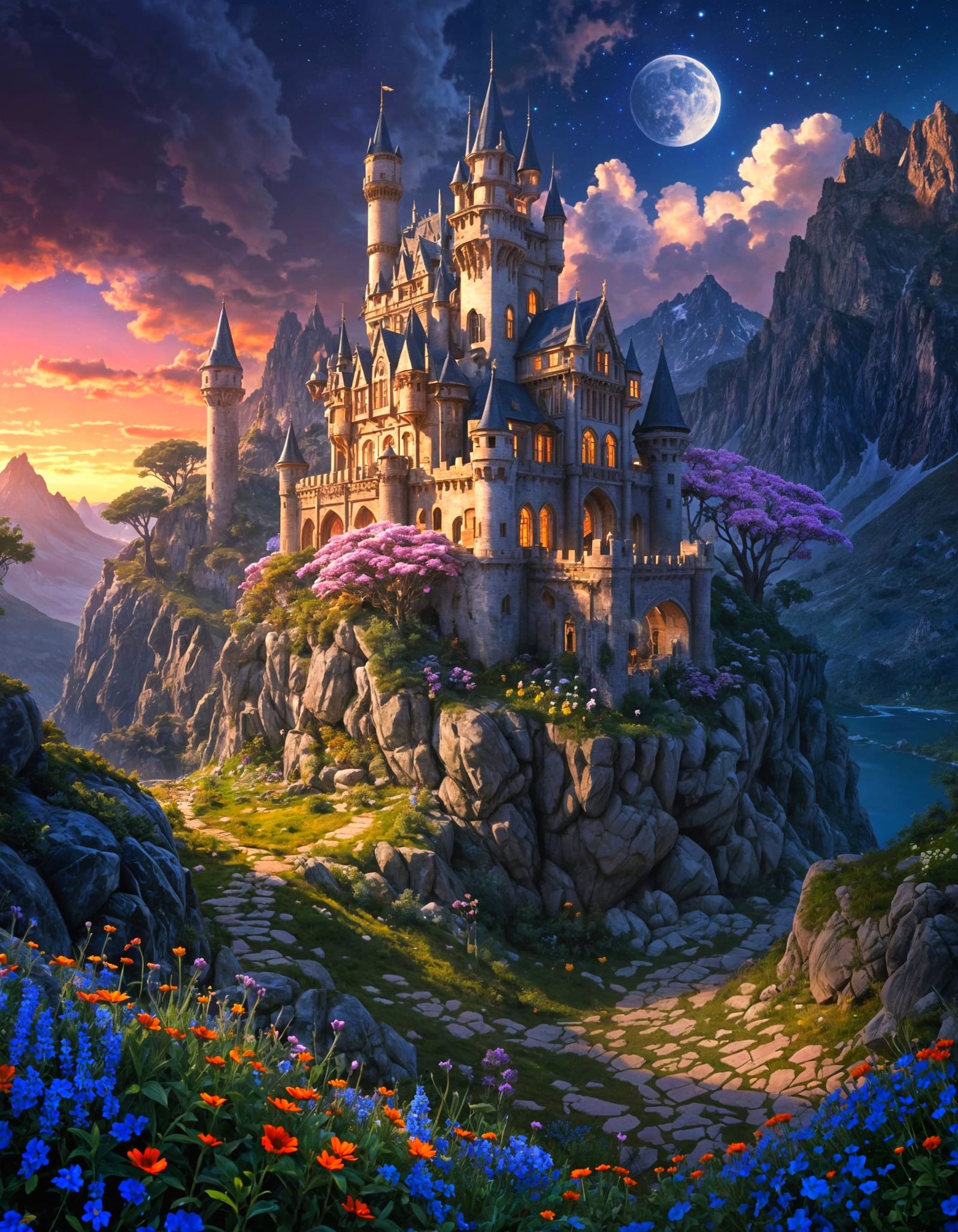 Ornate Wildflower Mountain Castle in Psychedelic Astral Ligh...