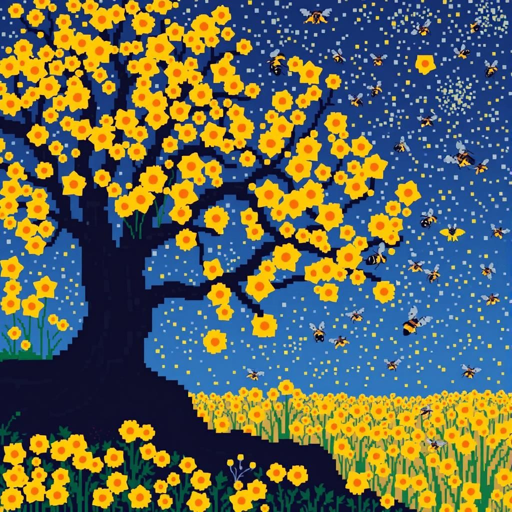 Pixel Art Mad Bees in Impressionistic Style
