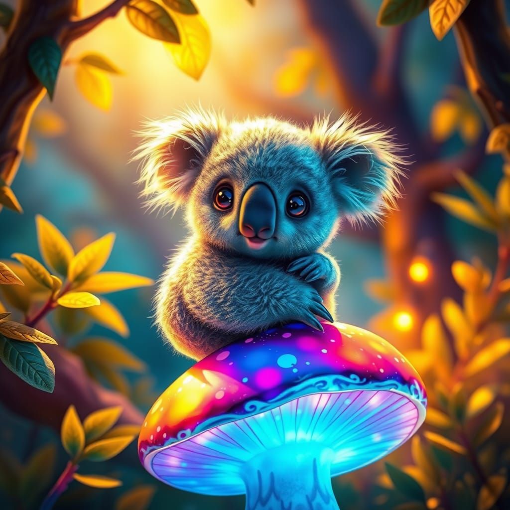Koala on Mushroom in Dreamlike Forest