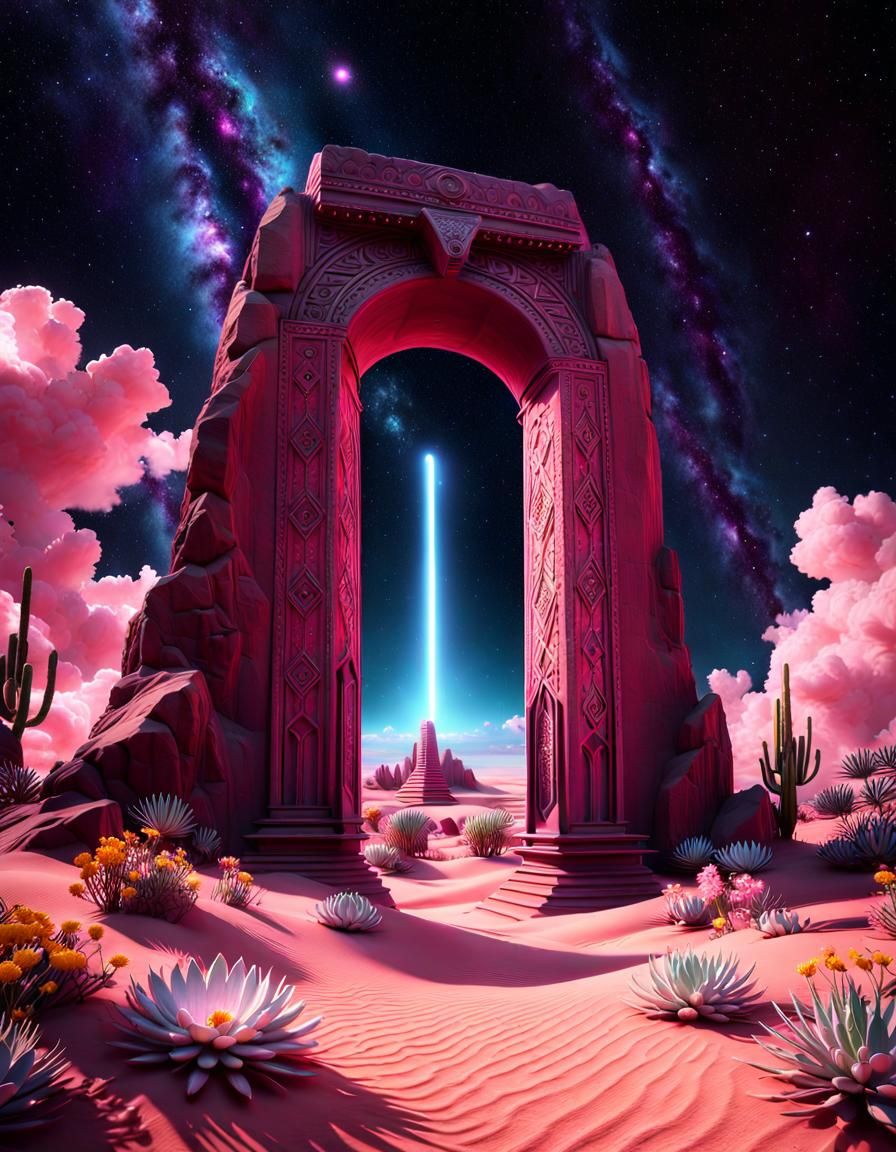 An epic breathtaking Monolith portal in a beautiful pink sand desert, with otherworldly catus flowers & plantlife with a...