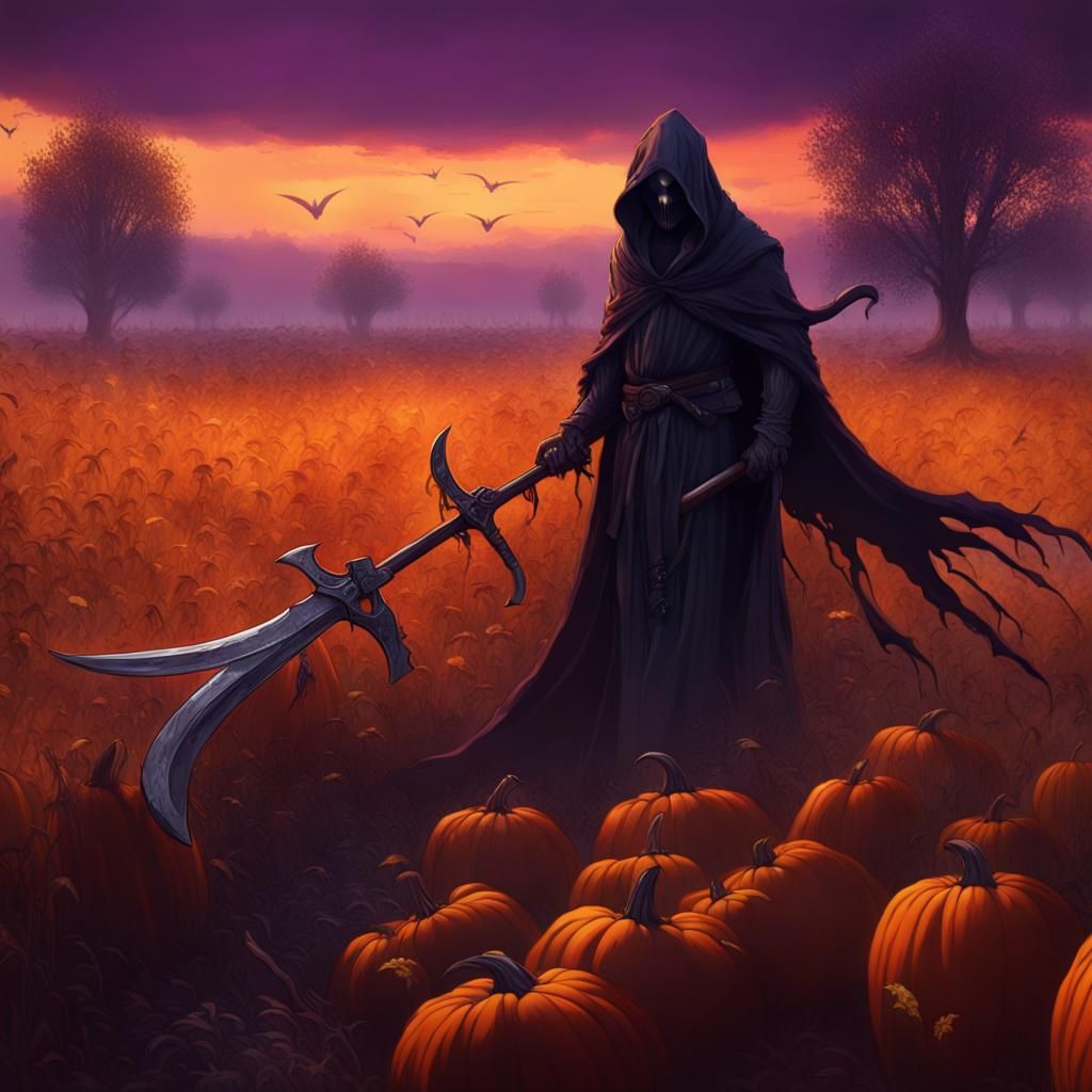 Grim Reaper Hunts in Pumpkin Field: Dark Fantasy Art