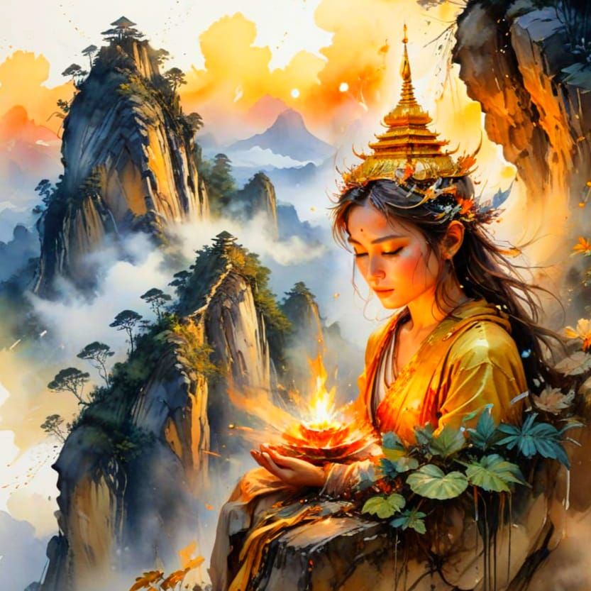 Mount Kyaiktiyo's Golden Rock at Dawn in Watercolor