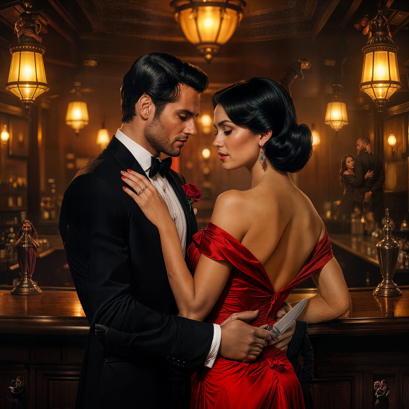 Embrace in a Dim Bar: Woman Hides a Knife