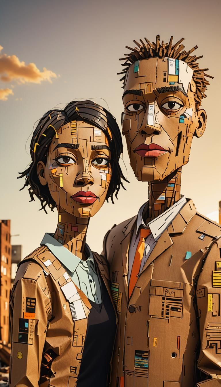 Cardboard Couple Embrace in Ruined City, Basquiat Style