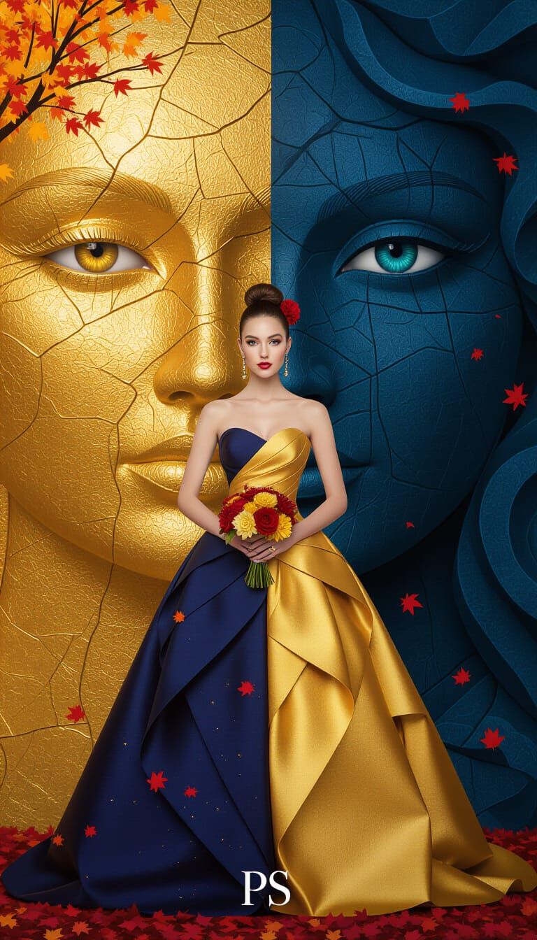 Surreal Woman Between Gold and Midnight Faces Portrait