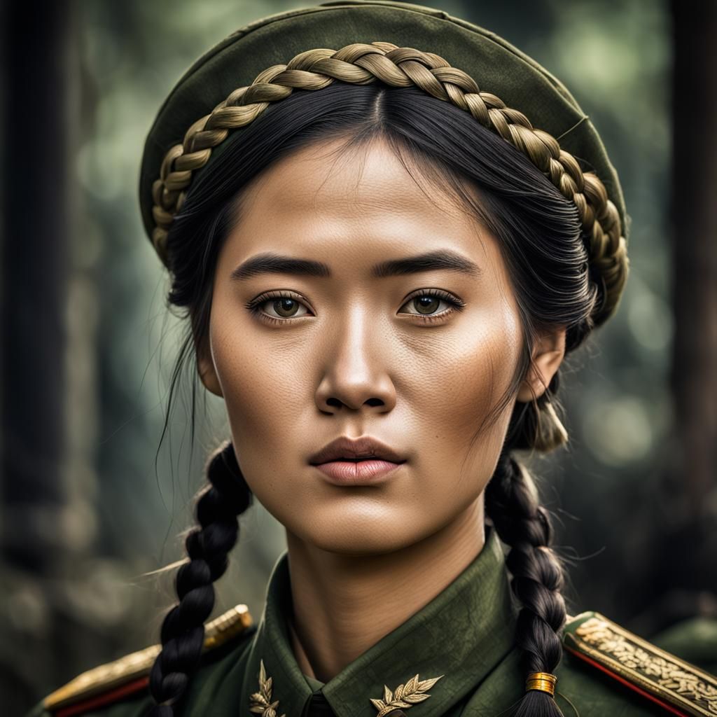 Vietnamese Woman in 1920s Army Uniform Portrait