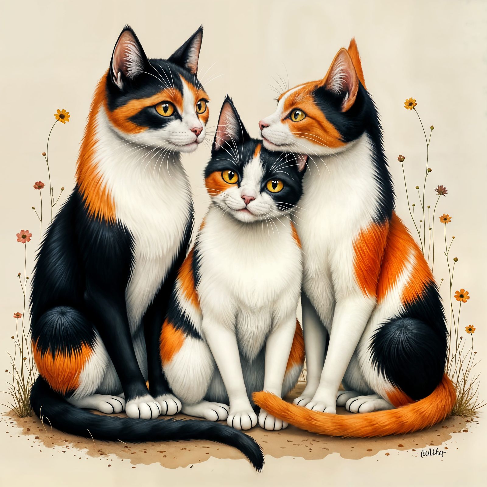 Calico Cat Family Portrait Showing Affection