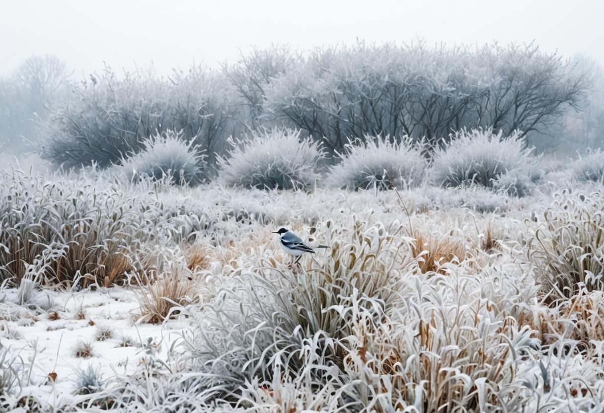 White Wagtail in Foggy Landscape, Watercolor Painting