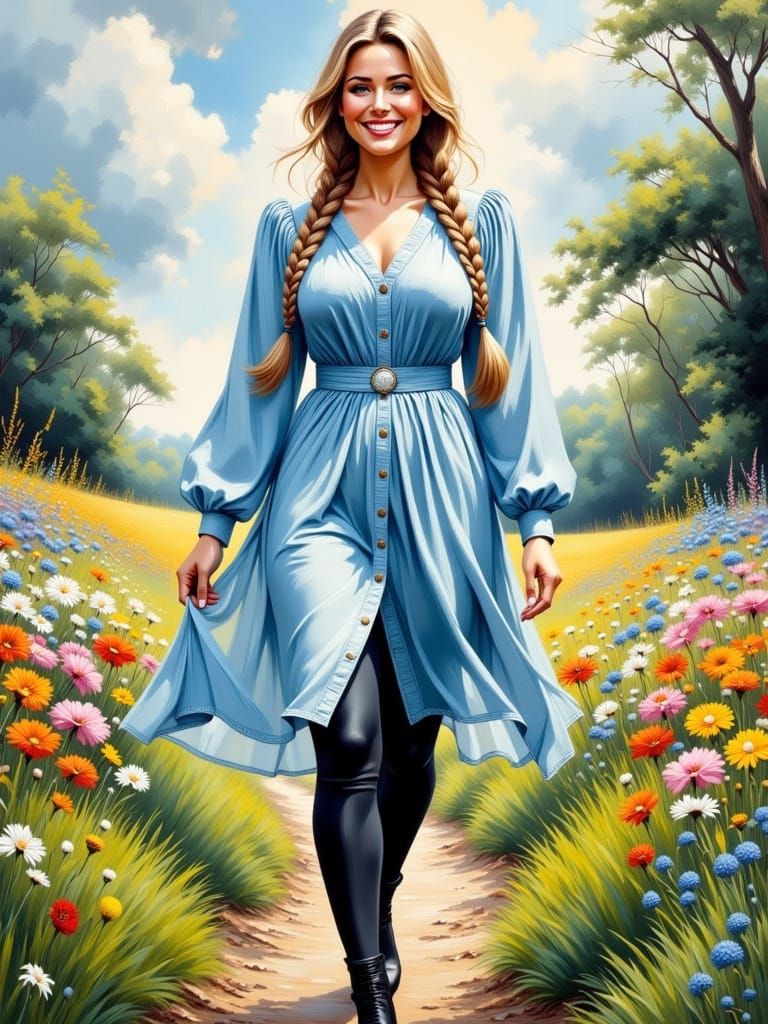 Woman in Floral Dress in English Landscape Painting