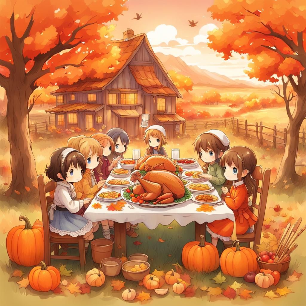 Chibi Thanksgiving Dinner in Anime Style