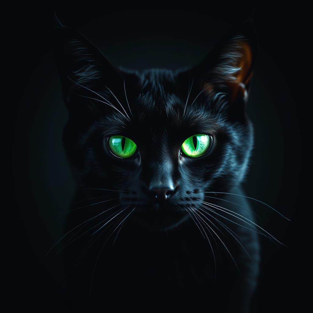 Midnight Black Cat with Glowing Eyes in a Haunting Supernatu...