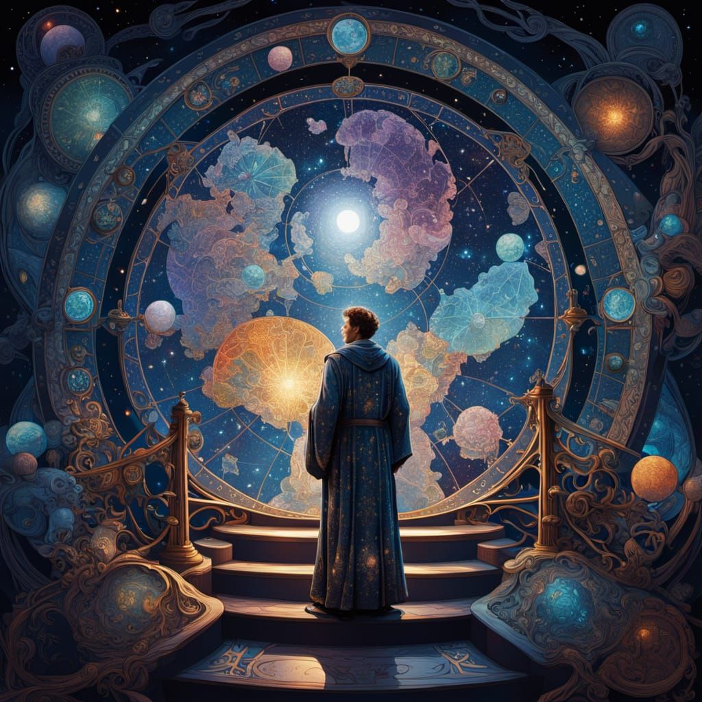 Celestial Cartographer Mapping Cosmos in Art Nouveau Style