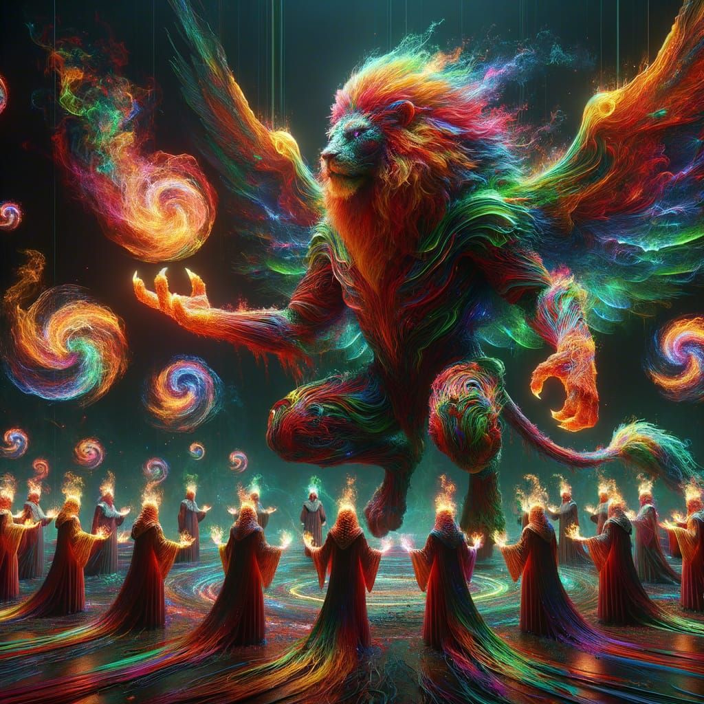 Winged Lion Conjuring Energy Among Sorcerer Army