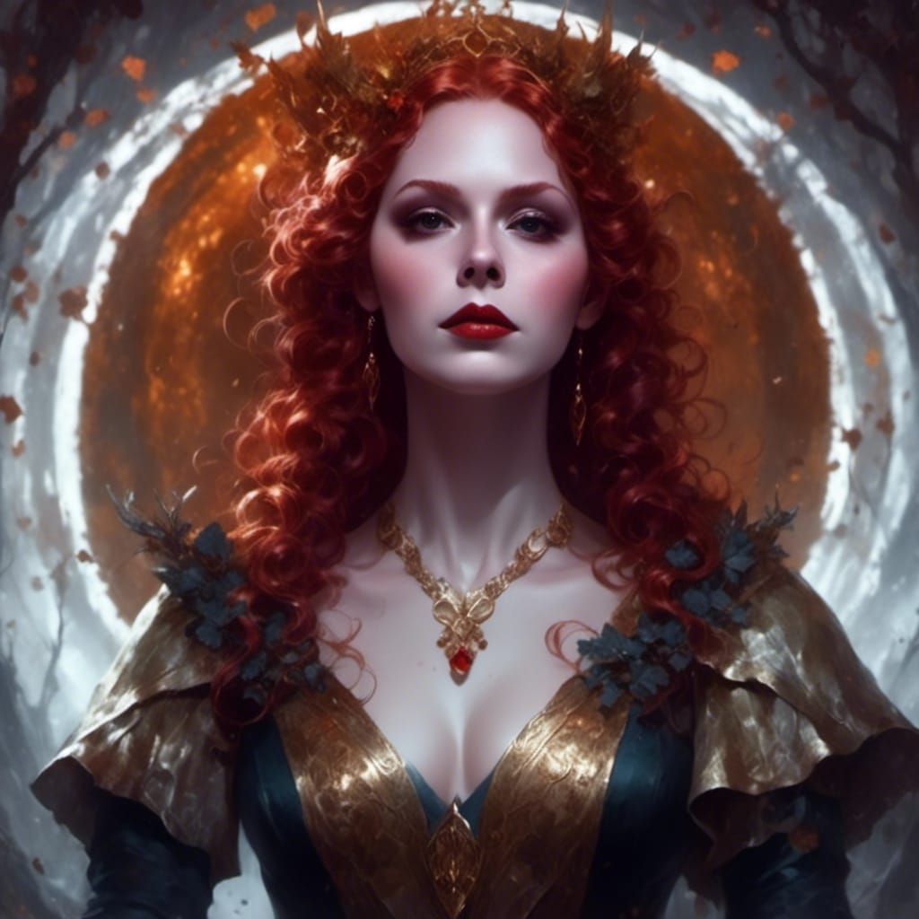 Red-Headed Hedge Witch Portrait with Dramatic Lighting
