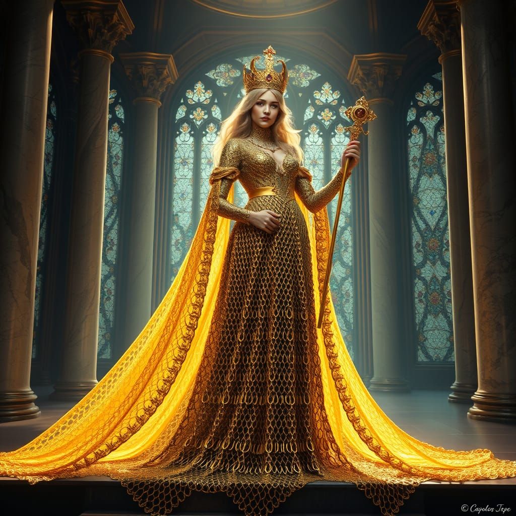 Regal Fantasy Queen in Golden Chainmail Gown