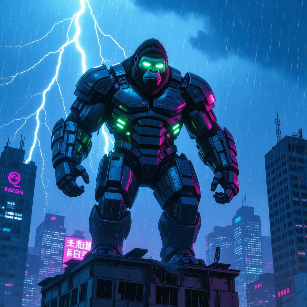Cyborg Gorilla in Ruined Cyberpunk City