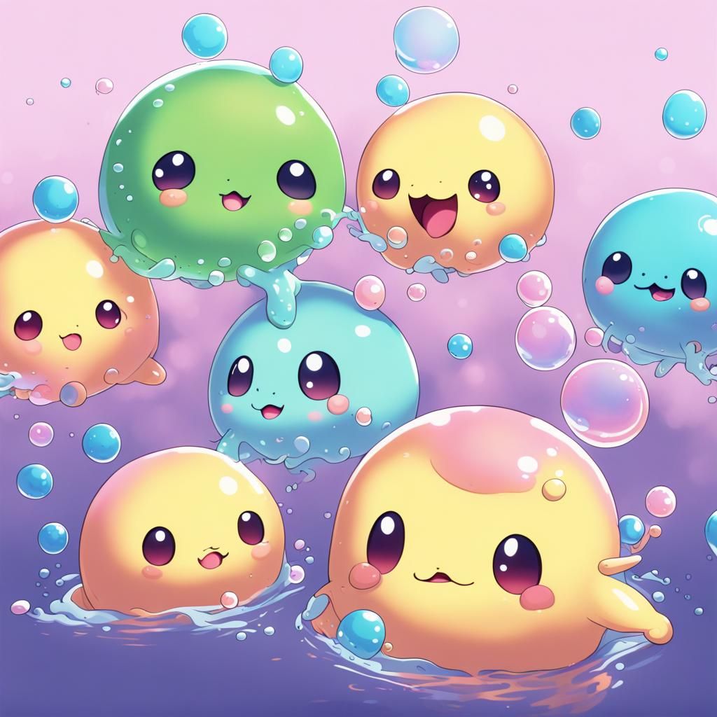 Cute Slimes Playing with Bubbles in Anime Style