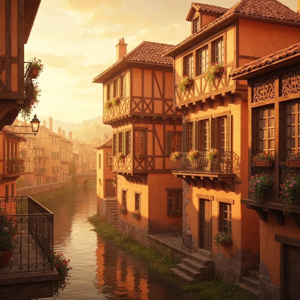 Scenic Canal Town Matte Painting with Art Nouveau Elegance