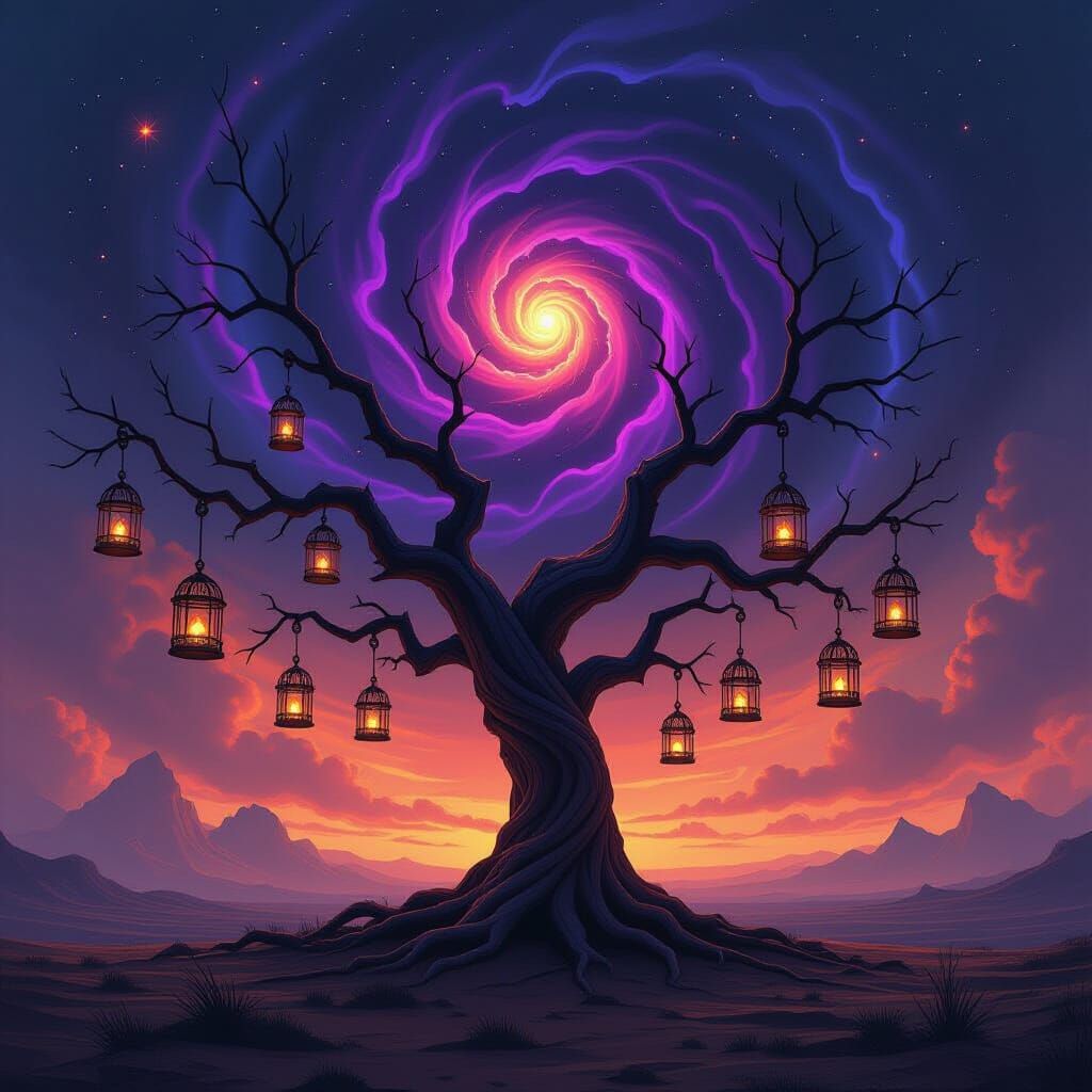 Ancient Tree with Ember Birdcages in Cosmic Landscape