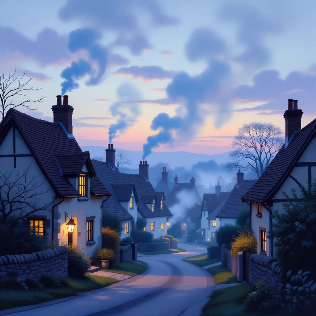 Ethereal Village Dusk Painting in Pre-Raphaelite Style
