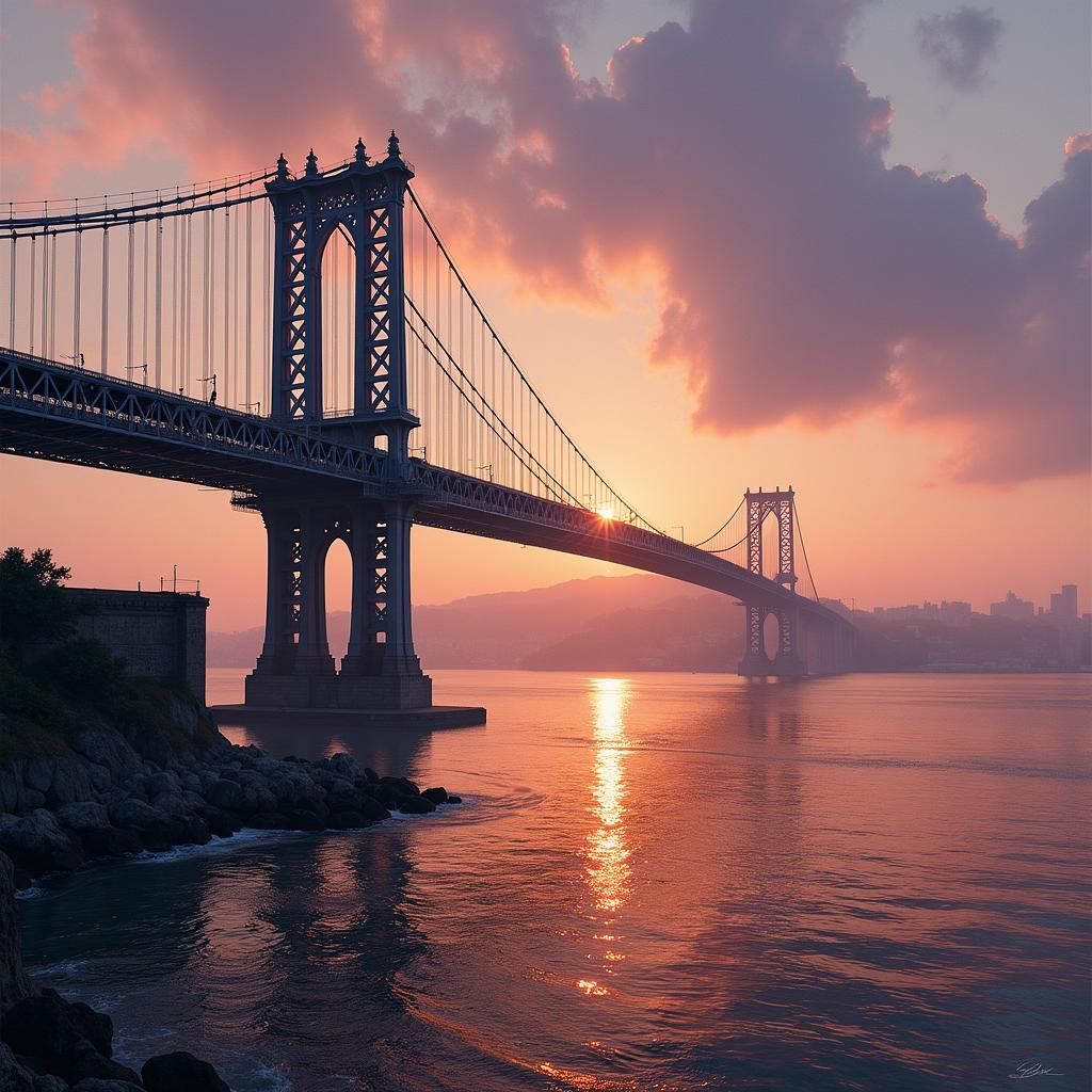 Sunset Over Bridge with Steel Latticework