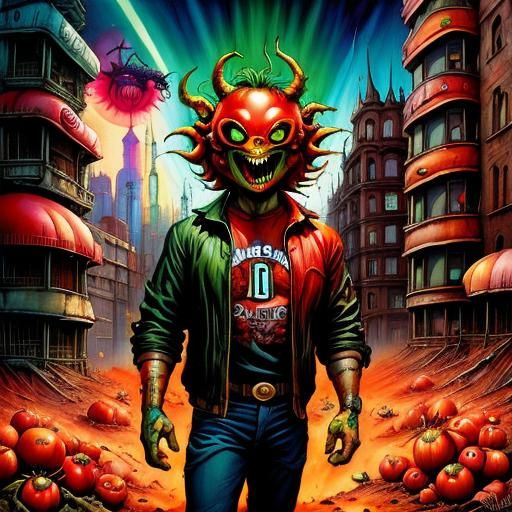 Grotesque Tomato Monster Terrorizes City in Comic Book Art