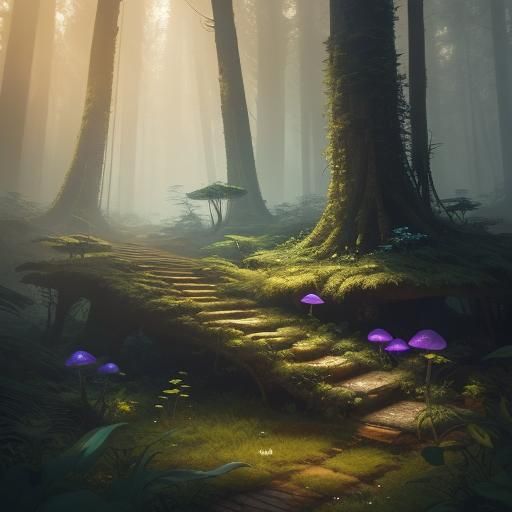 Luminous Mushrooms and Fireflies in Enchanted Forest