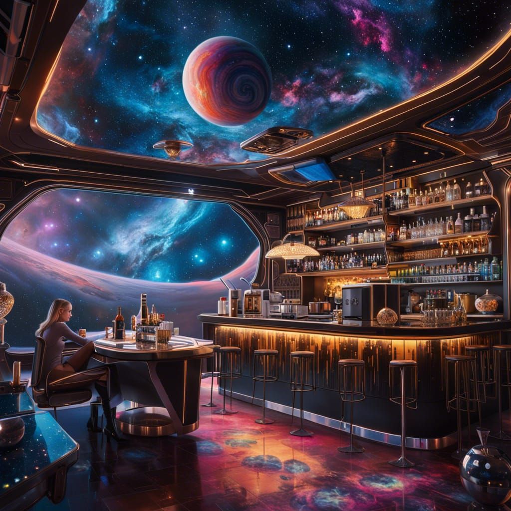 Futuristic Coffee Bar in Space: Hypermaximalist Artwork