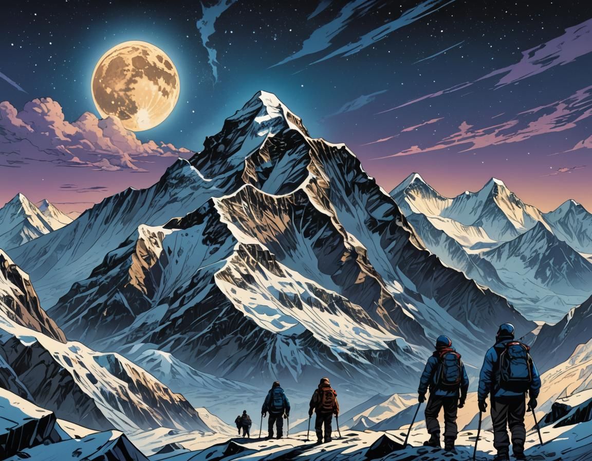 Moonlit Everest in Comic Book Art Style