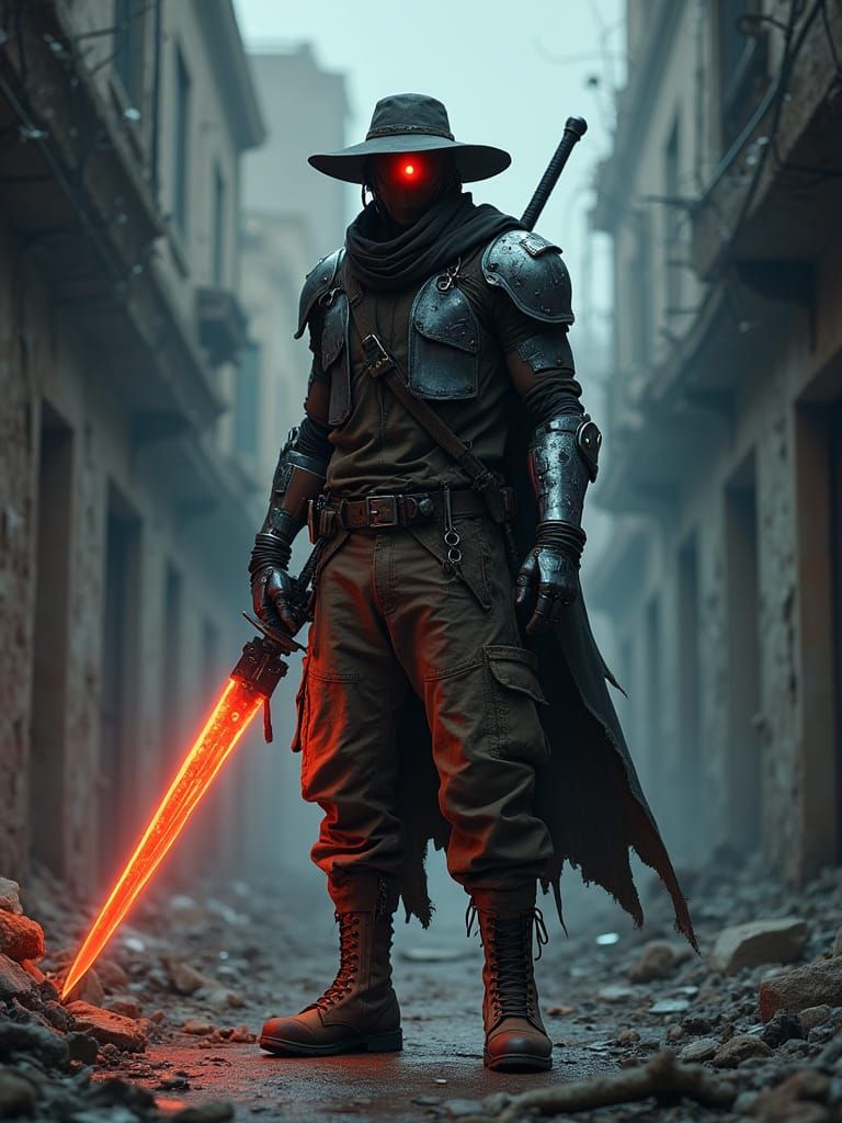 Cyborg Swordsman in Gritty Post-Apocalyptic Shadows
