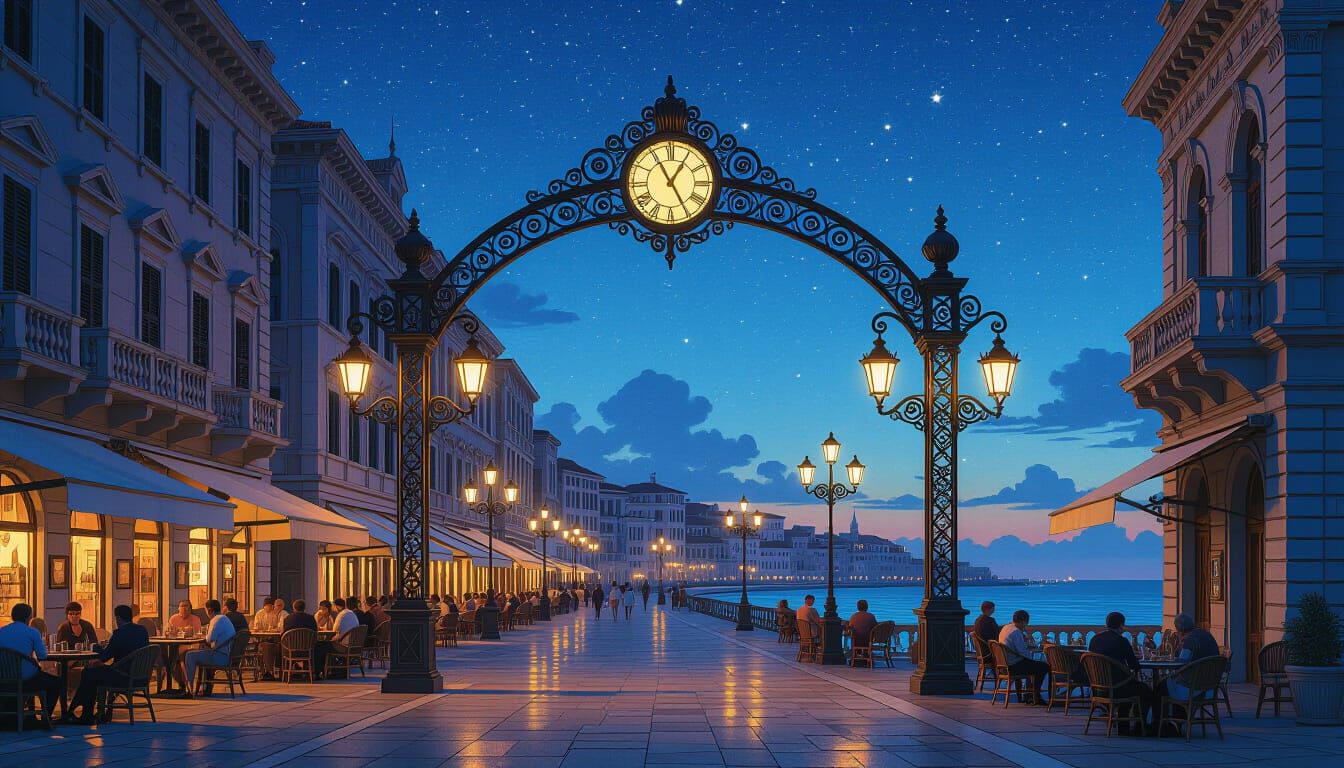 Renaissance Trieste Seaside Arch with Art Nouveau Lanterns