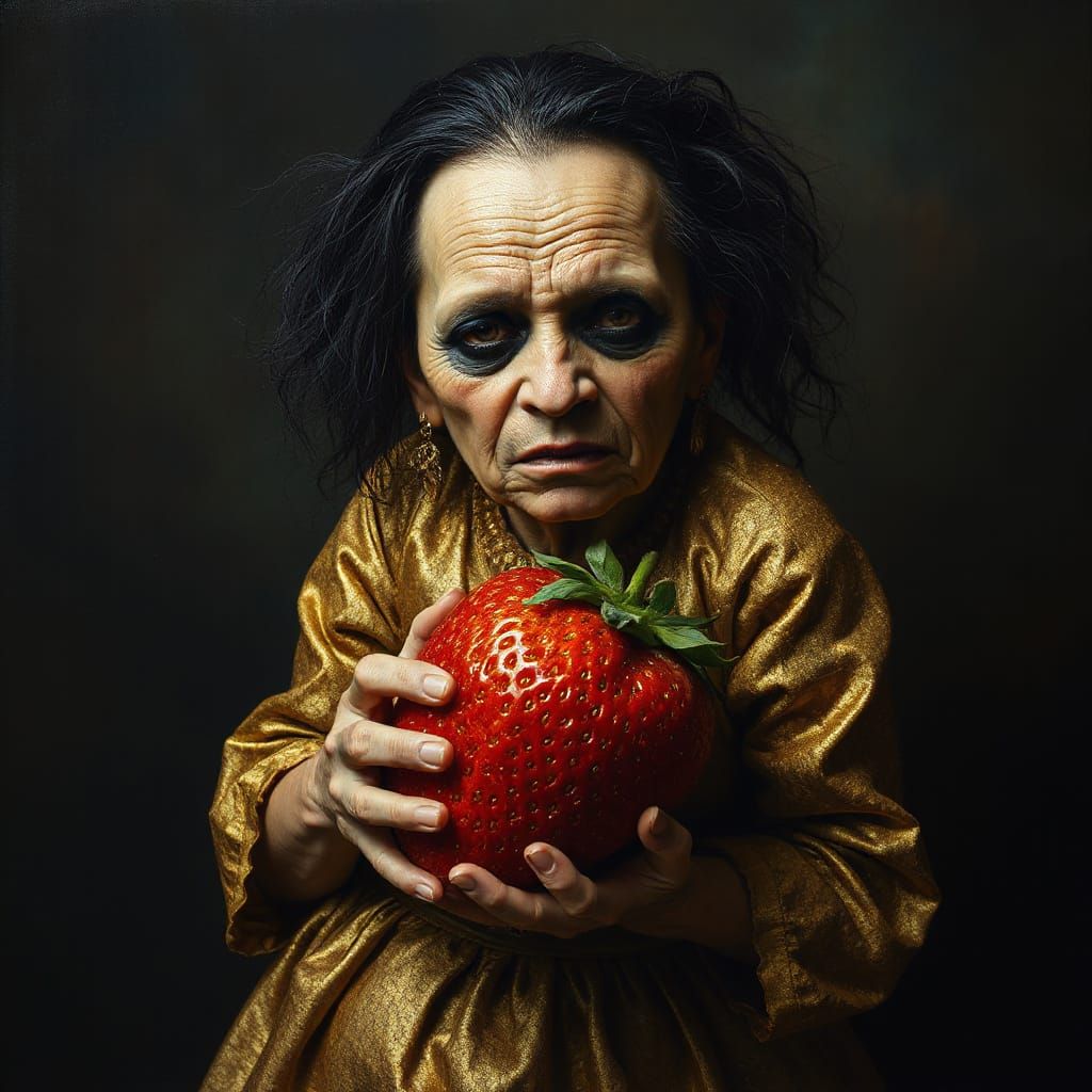 Grotesque Crone Holds Giant Strawberry in Surreal Style