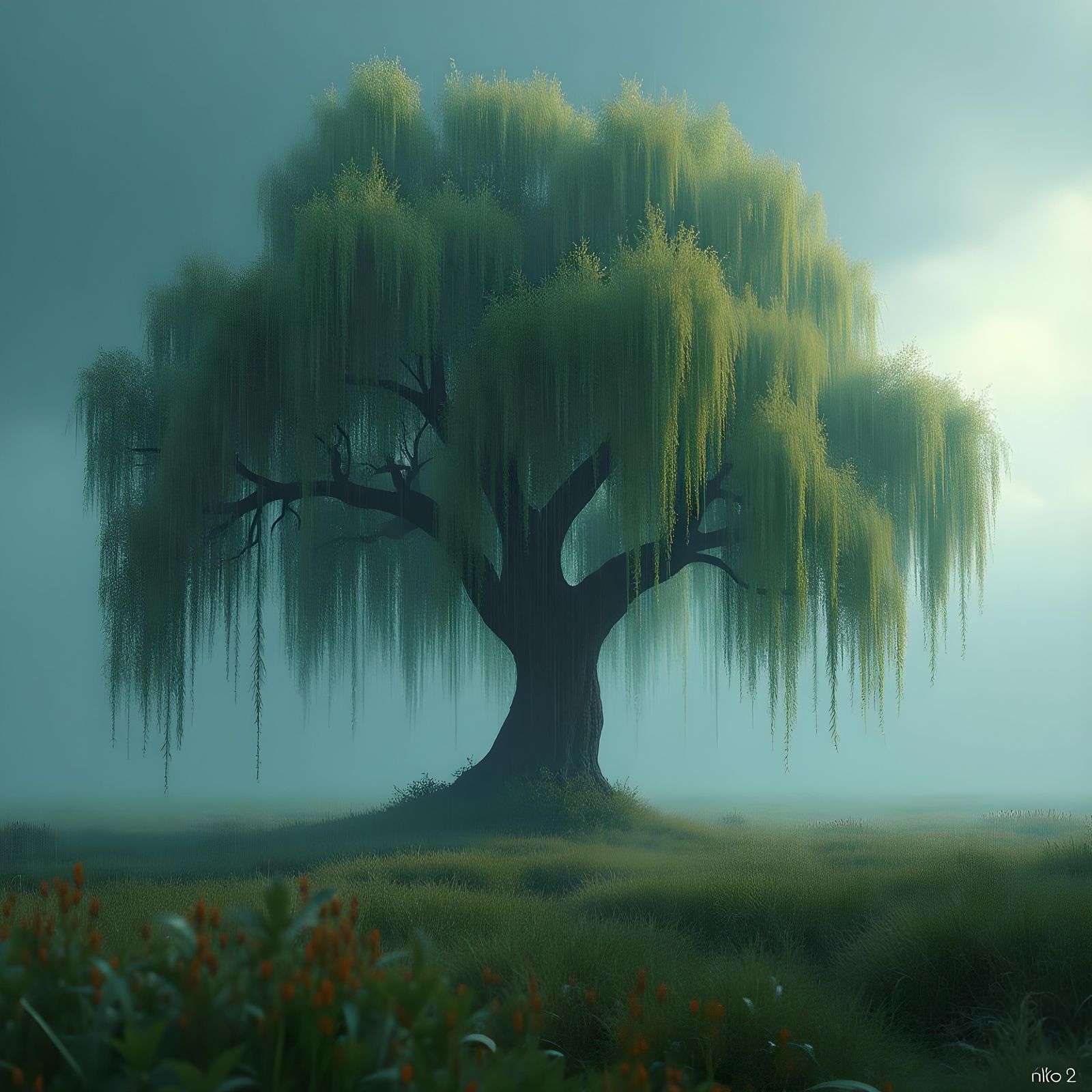 Medieval Painting of Willow Tree on Rainy Day