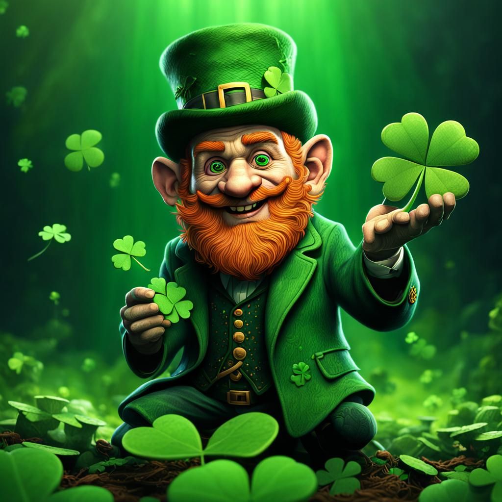 Lucky Leprechaun with Four-Leaf Clover in Fantasy Art