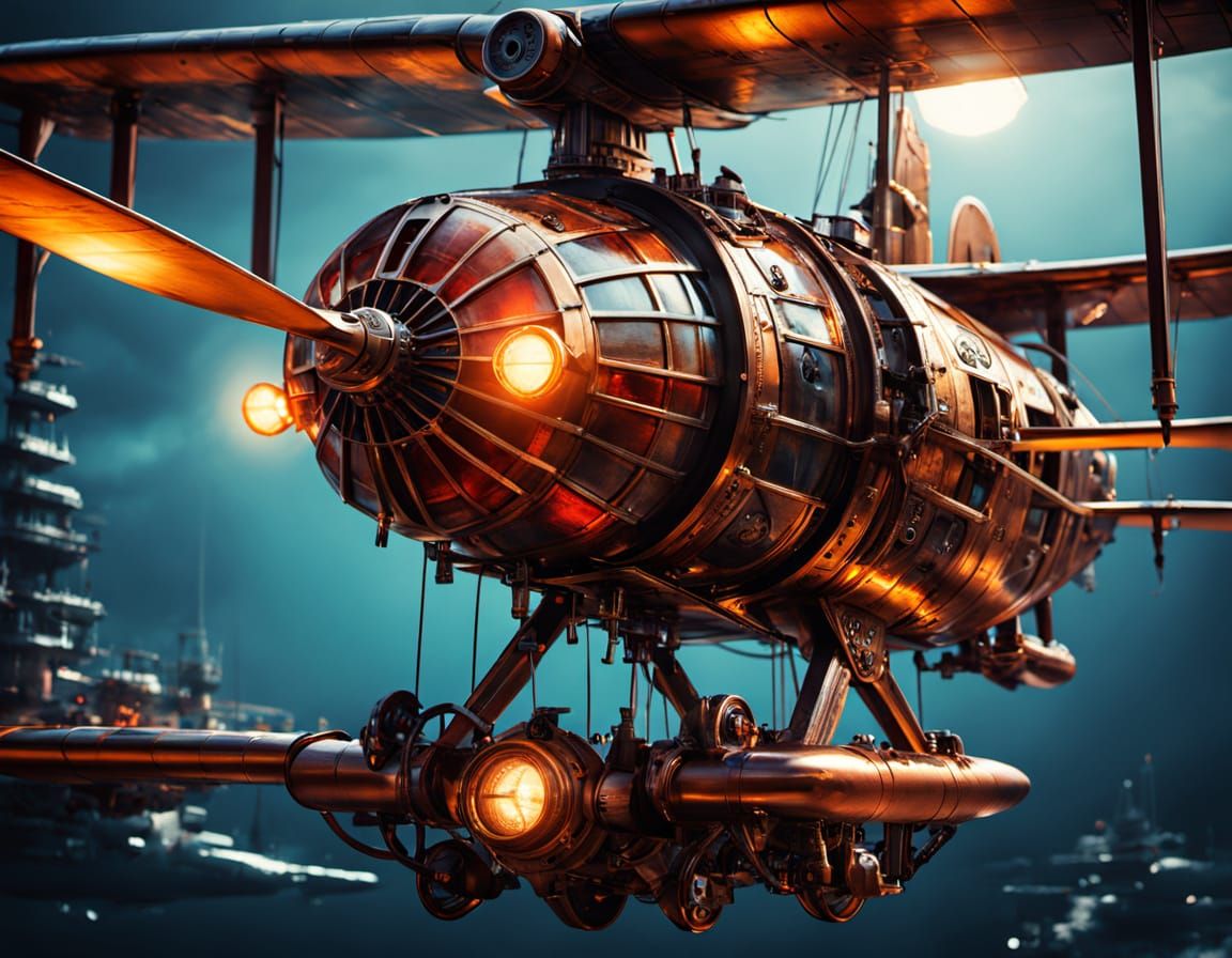 Glowing Steampunk Seaplane Soars Above the Dark Ocean