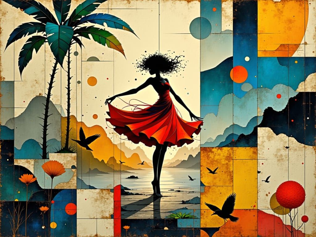 Vibrant Mambo Dance in Swirling Abstract Collage