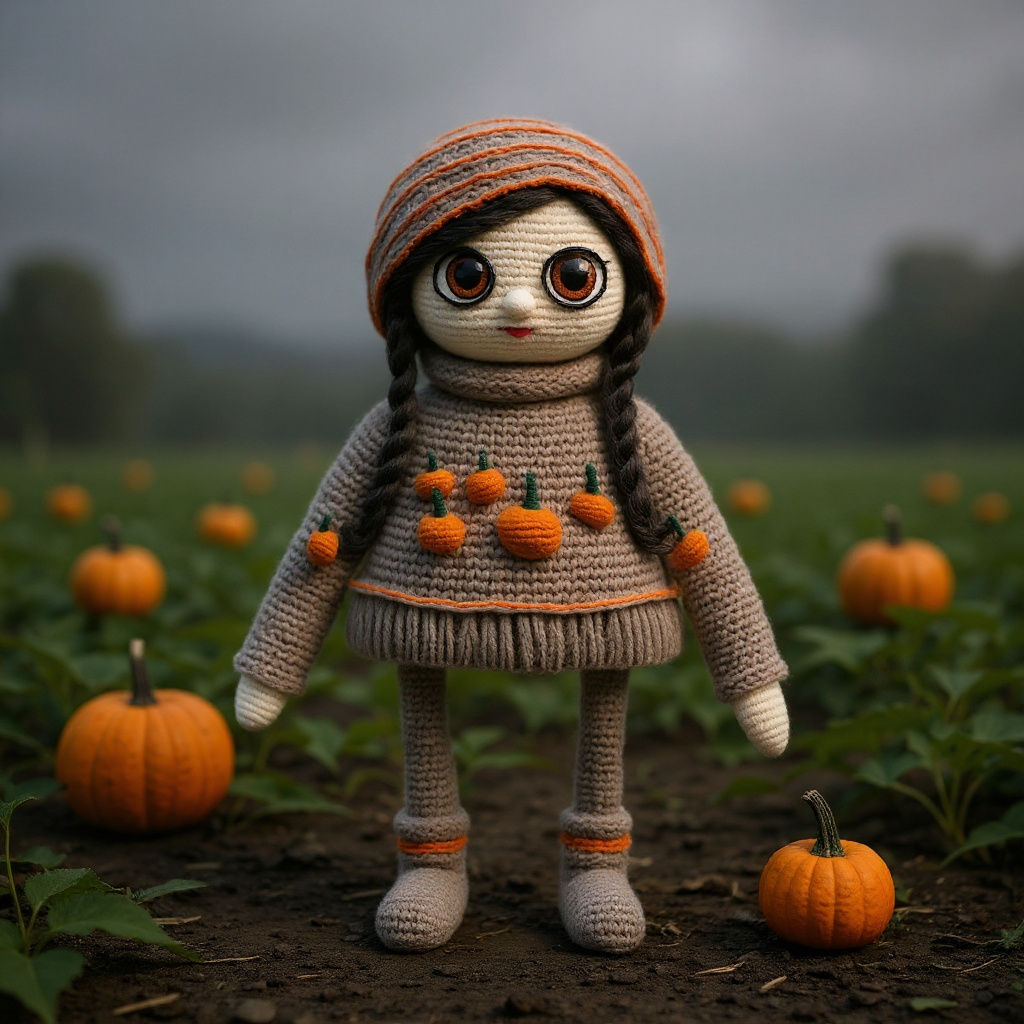 Crocheted Girl Picking Pumpkins in Whimsical Patch