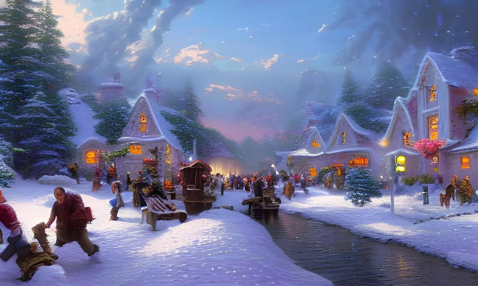 Detailed Snowball Fight in Kinkade Style