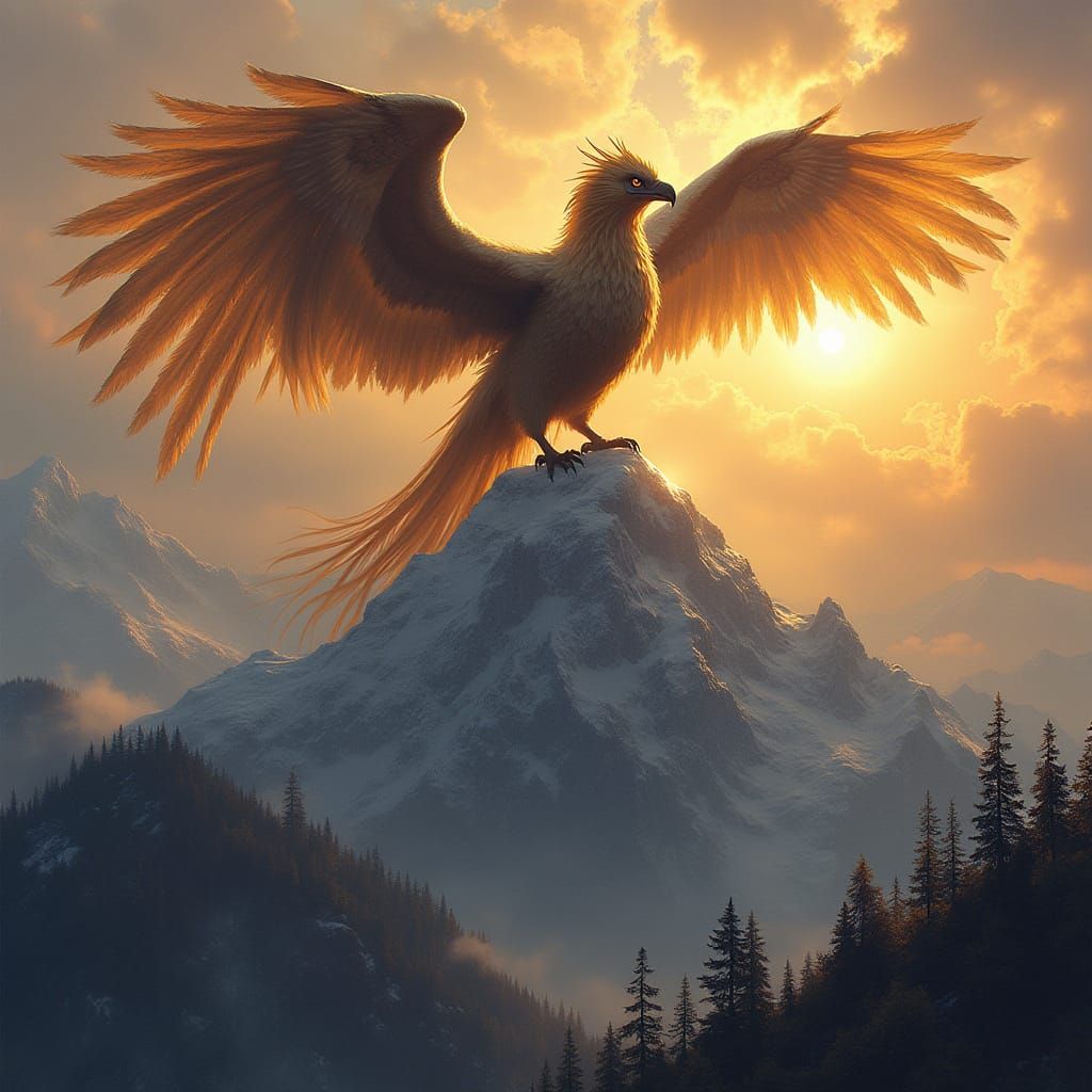 Golden Griffin Amidst Majestic Mountain Landscape