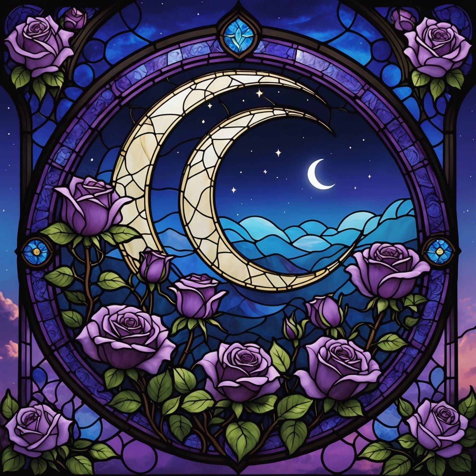 Stained Glass Crescent Moon with Purple Roses
