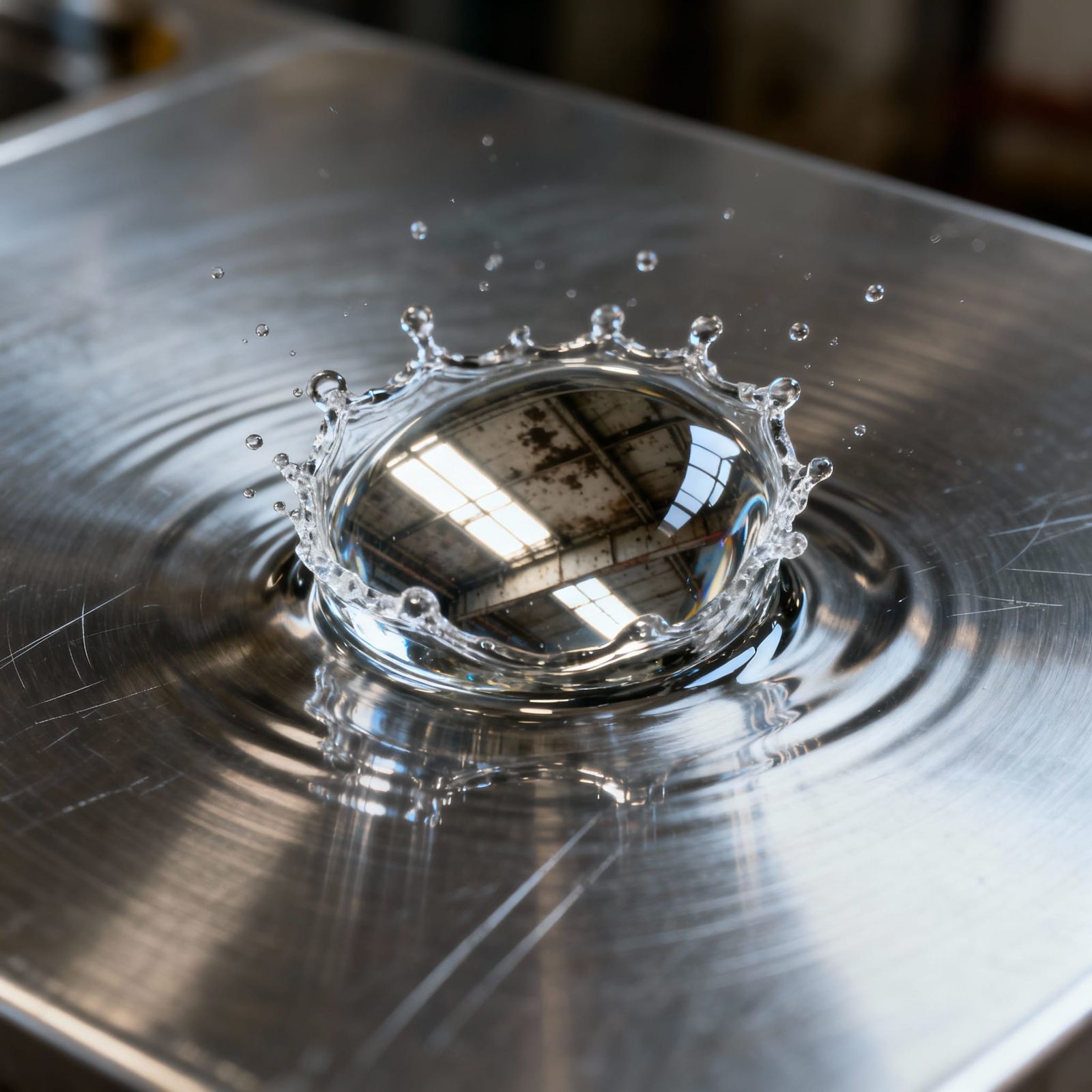 Water Droplet Splash Macro Photo on Steel