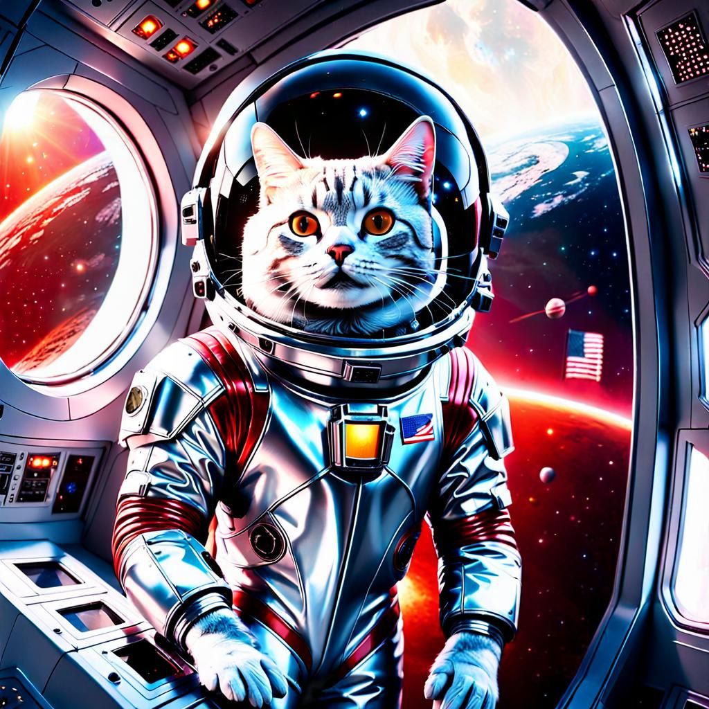 Cat in Silver Spacesuit on Space Shuttle