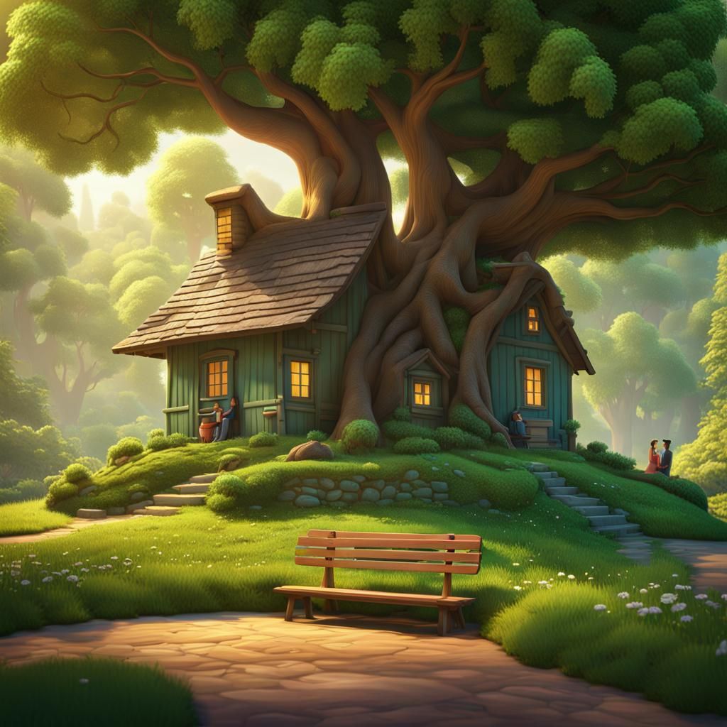 Cozy Forest House with Couple: Pixar Style