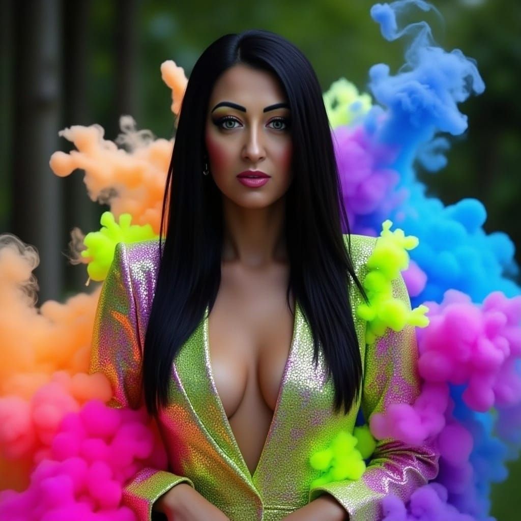 Beautiful Woman in Neon Dress with Smoke Background