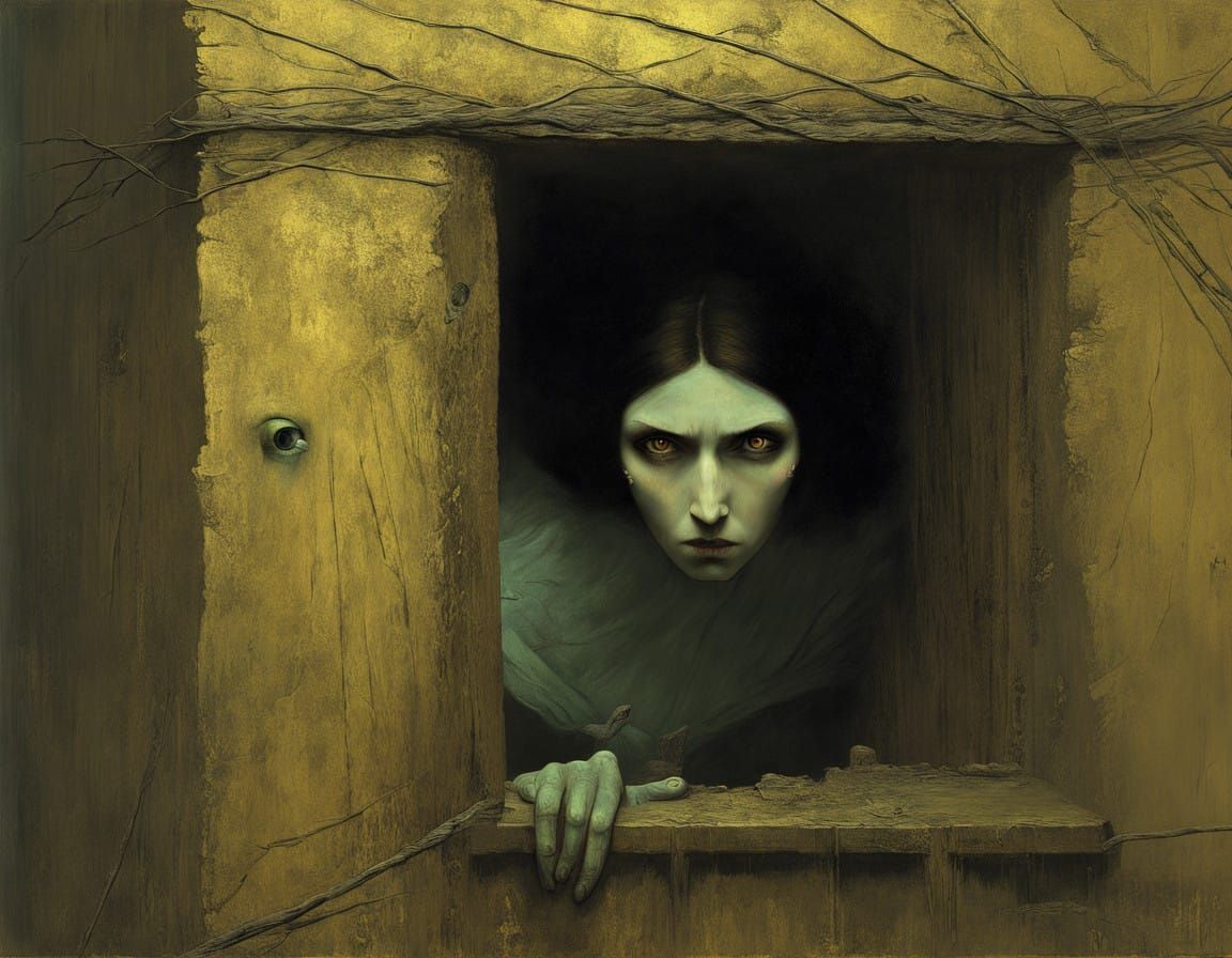 Surreal Medieval Woman Peeks from Corner with Uncanny Face