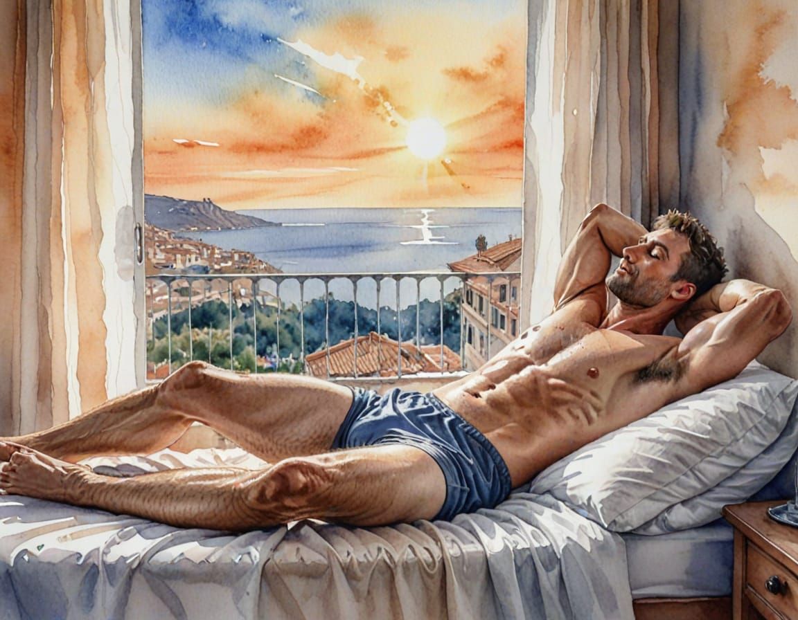 Muscular Man in Watercolor Sunrise Serenity