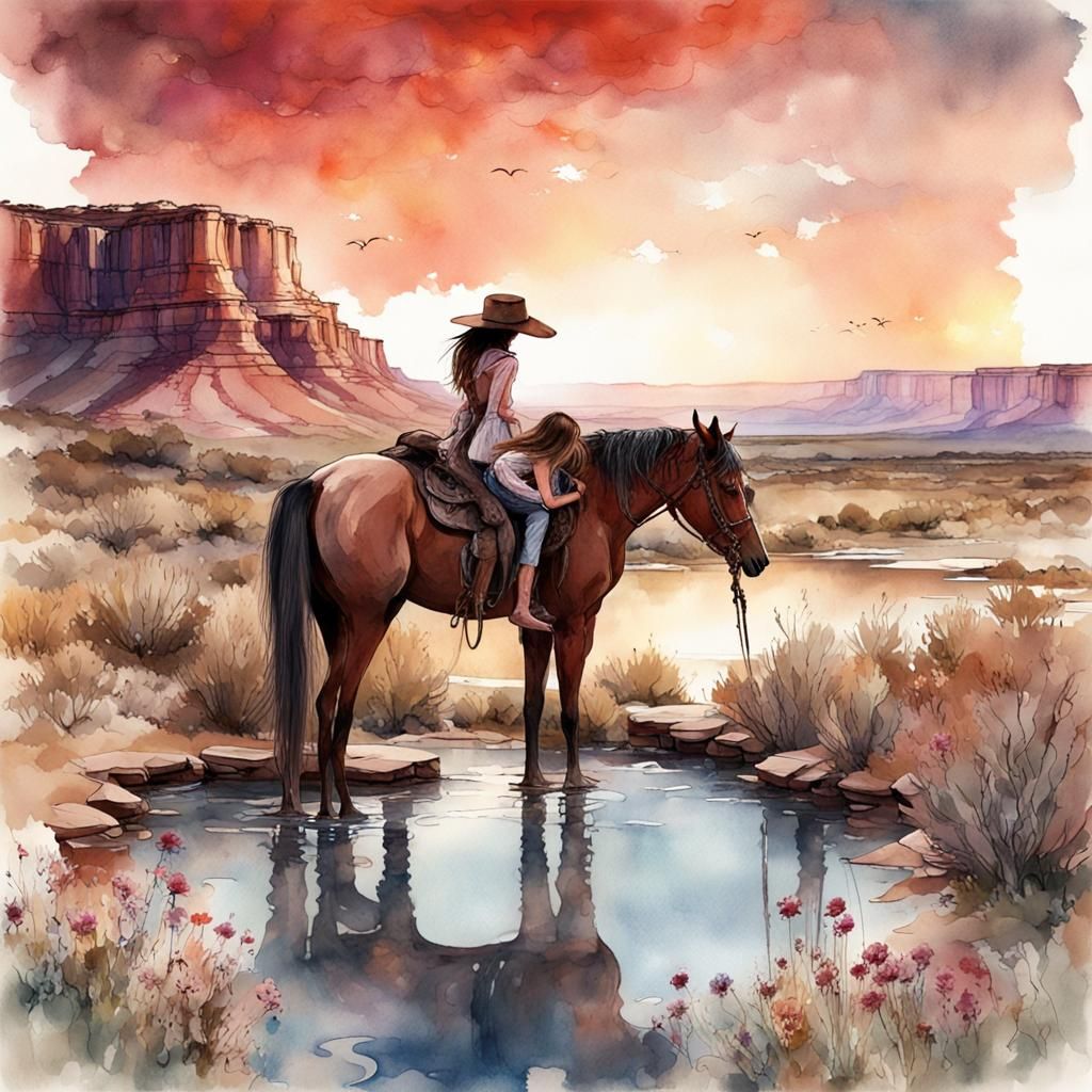 Water color. Grand Canyon Western Ranch, girls with her hors...