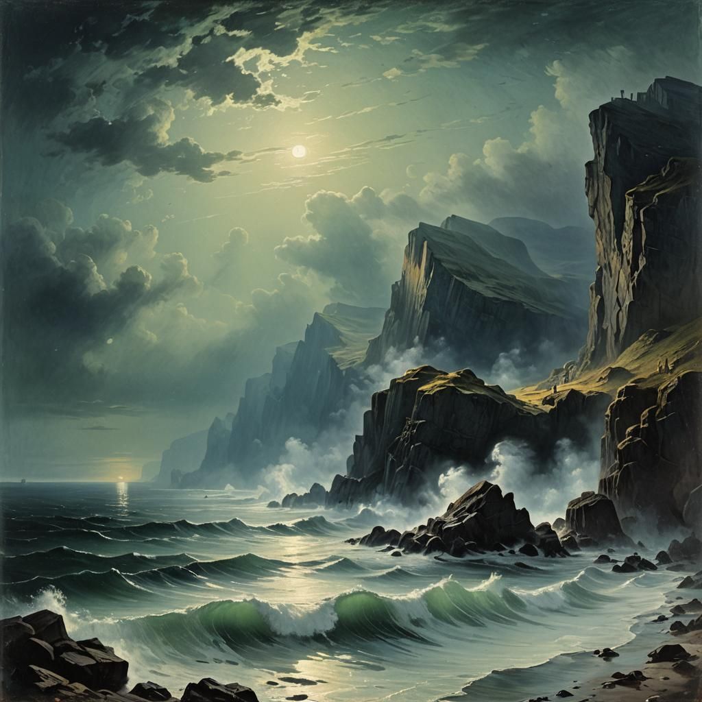 Misty Moonlight Sea Cliffs in Romantic Style